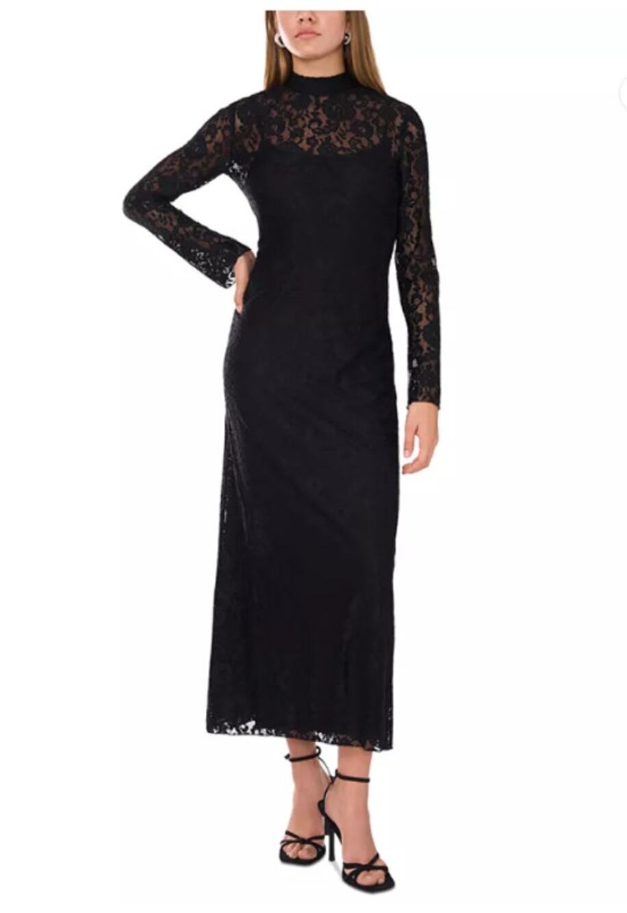 VINCE CAMUTO Women's Lace-Detail Maxi Dress XS Black Long-Sleeve Mock Neck NWT